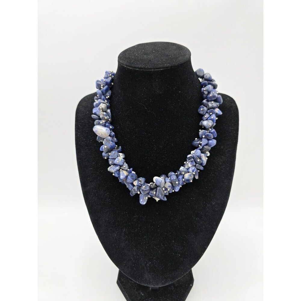 Natural Blue Sodalite Chip Bead‎ Necklace On Silver Tone Chain Chunky Boho